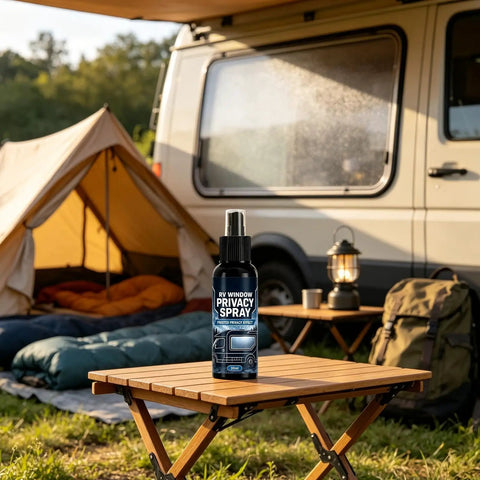 Glass Frosting Spray 30ml Portable Anti-Glare Privacy Liquid on a table, outdoor camping setup with tent and RV.