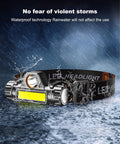 Two Pack LED Headlamps With Rechargeable Batteries, Long Range Beam, Hands Free Design in rain, waterproof feature displayed