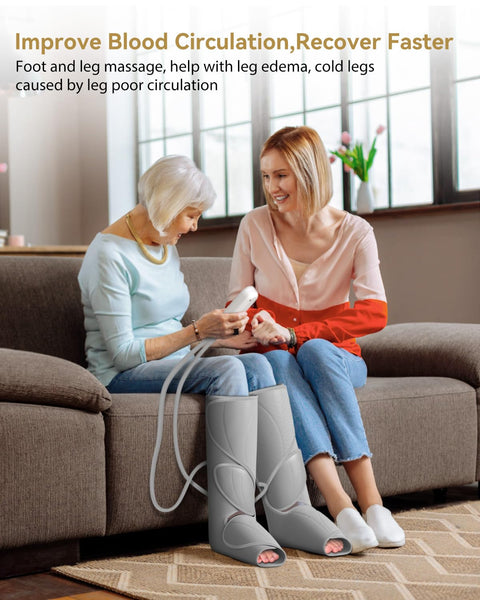 Two women using Air Compression Leg Massager Boots For Circulation And All Day Pain Relief With Pneumatic Calf And Foot Massage indoors.