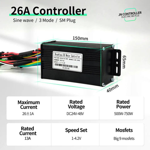 26A Sine Wave Brushless Controller With CS866 Mini Color LCD Display And Throttle For 36V 48V 52V E Bikes Scooters And Mountain Bikes 500W 800W Motors Self Learning Learn Phase Angle And Direction Compatible With Hall And Hall Free Motors