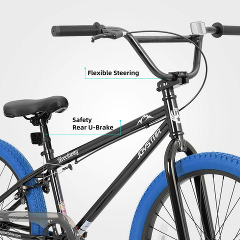 24 Inch Kids Freestyle BMX Bike For Beginners For Boys And Girls Aged 7 To 12, Durable Hi Ten Steel Frame, Blue Tires, Close-up