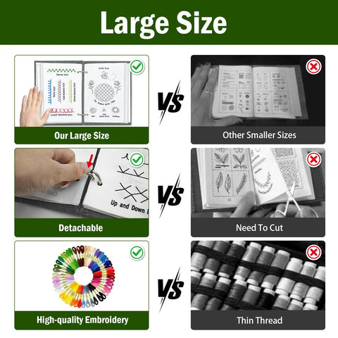 Comparison of Beginner Embroidery Stitch Book with detachable fabric panels and threads vs. smaller alternative options.
