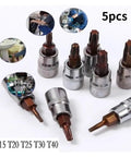Heavy Duty Torx Screwdriver Bits Set Featuring Tough T15 T20 T25 T30 T40 Sizes With Chrome Coated Chromium Vanadium Steel For Rusted Bolts And Easy Grip Adapter Kit Perfect For Bike Frames And Woodwork DIY Fixes. 5-piece Torx bit socket set T15 T20 T25 T30 T40