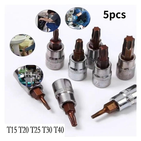 Heavy Duty Torx Screwdriver Bits Set Featuring Tough T15 T20 T25 T30 T40 Sizes With Chrome Coated Chromium Vanadium Steel For Rusted Bolts And Easy Grip Adapter Kit Perfect For Bike Frames And Woodwork DIY Fixes. 5-piece Torx bit socket set T15 T20 T25 T30 T40