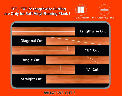 Diagram showing cutting styles for 13 Inch 360 Degree Vinyl Floor Cutter For VCT LVT PVC Rubber Floors And Vinyl Plank, Pro Grade Cutting Tool