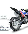 Dirt bike rear view with Heavy Duty 3.00-12 Inner Tube for Dirt Bikes, 2mm Thick Butyl with TR4 Valve installed, showcasing tire fit.