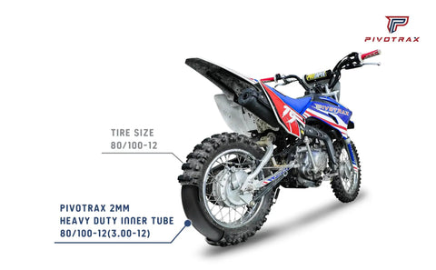 Dirt bike rear view with Heavy Duty 3.00-12 Inner Tube for Dirt Bikes, 2mm Thick Butyl with TR4 Valve installed, showcasing tire fit.