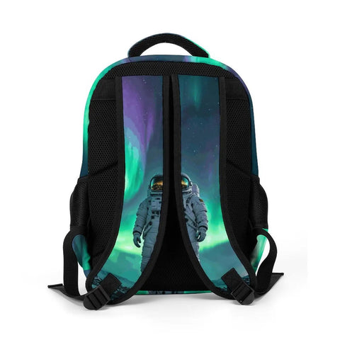 Back view of Dope Aurora Astronaut Print Unisex Backpack with sturdy straps, showing vibrant astronaut design for school travel commute.