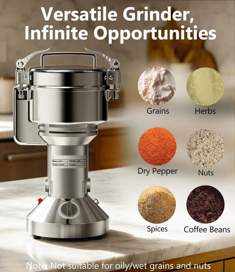 Powerhouse 1800W High Speed Grain Mill Grinder For Wheat Rice Corn Spices And Herbs 550g Stainless Steel in kitchen