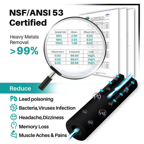 NSF/ANSI 53 certified heavy metals removal data for Two Pack Refrigerator Water Filter For Maytag UKF8001 And Whirlpool 4396395.
