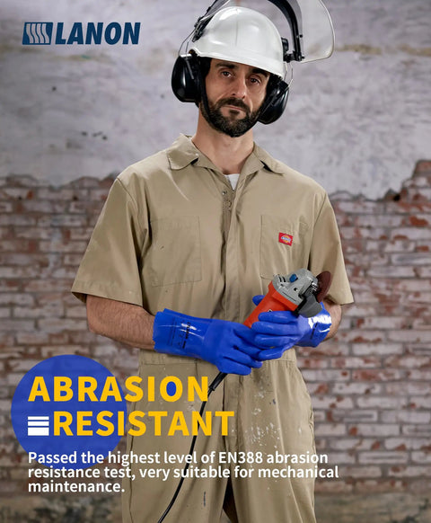 Premium Pvc Chemical Gloves With Sturdy Nonslip Grip And Serious Oil Acid Alkali Shield For Daily Tradesman Tasks And Yard Work That Actually Hold Up Under Heavy Use worn by a man using a grinder.