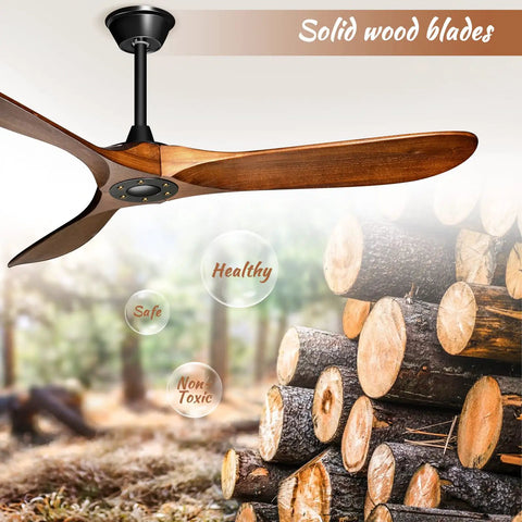 52 Inch Wood Ceiling Fan With Remote Control Three Reversible Solid Mahogany Blades Six Speed Quiet DC Motor