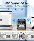 Rugged Industrial Label Printer With 2 Inch Print Head, Plug And Play Phone And Pc Sync, Beefy 2600 Mah Battery, Straight Up Job Site Workhorse For Cables, Assets, Electrical And Warehouse Markings with labels and laptop.