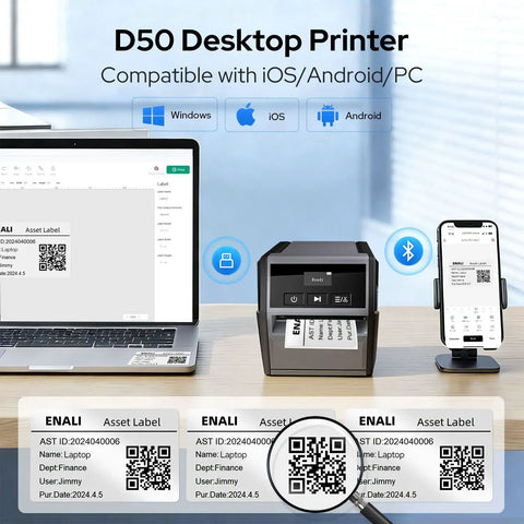 Rugged Industrial Label Printer With 2 Inch Print Head, Plug And Play Phone And Pc Sync, Beefy 2600 Mah Battery, Straight Up Job Site Workhorse For Cables, Assets, Electrical And Warehouse Markings with labels and laptop.