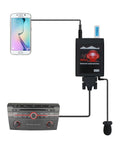 Wireless Hands Free Bluetooth Car Kit With USB AUX Port And Three Point Five Millimeter Audio Jack Built In Microphone Clip On Design Bluetooth Five Oh Crystal Clear Calls Steering Wheel And Radio Panel Controls Compatible With Mazda RX8 RX7 CX7 MPV MX5 system connected to phone and car stereo.