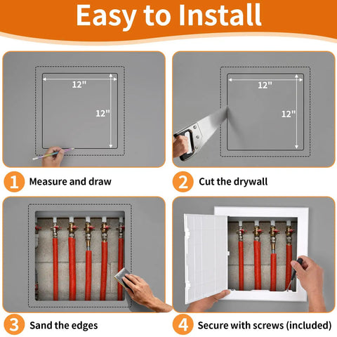 Installation steps for 12x12 Inch Waterproof PVC Wall Access Panel With Reinforced Hinged Door For Drywall And Ceiling Great For Plumbing And Wiring And Cables DIYers Paintable White