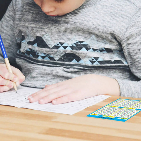 Child using 40 Pack Multiplication Chart Stickers for Students, 4 by 5 inch desk size times table sheets for school.