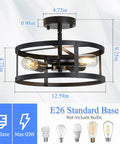 Two Pack 13 Inch 3 Light Matte Black Semi Flush Mount Ceiling Light Fixtures For Farmhouse Kitchen And Hallway Slick Industrial Style Modern Look Durable Frame with E26 base and max 60W capacity.
