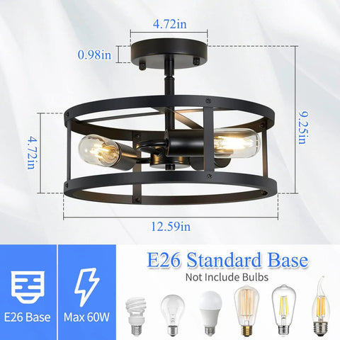 Two Pack 13 Inch 3 Light Matte Black Semi Flush Mount Ceiling Light Fixtures For Farmhouse Kitchen And Hallway Slick Industrial Style Modern Look Durable Frame with E26 base and max 60W capacity.