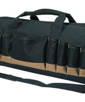 24 Inch Megamouth Tote Bag With 32 Pockets Internal Metal Frame Keeps It Open For Easy Tool Access Heavy Duty Tool Organizer For Home Shop Workshop And Job Sites in black with handles and shoulder strap