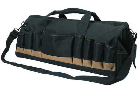 24 Inch Megamouth Tote Bag With 32 Pockets Internal Metal Frame Keeps It Open For Easy Tool Access Heavy Duty Tool Organizer For Home Shop Workshop And Job Sites in black with handles and shoulder strap