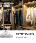 Heavy Duty Aluminum Alloy Shelf Brackets With Adjustable Mounting Clips For Floating Shelves in Silver displayed in closet