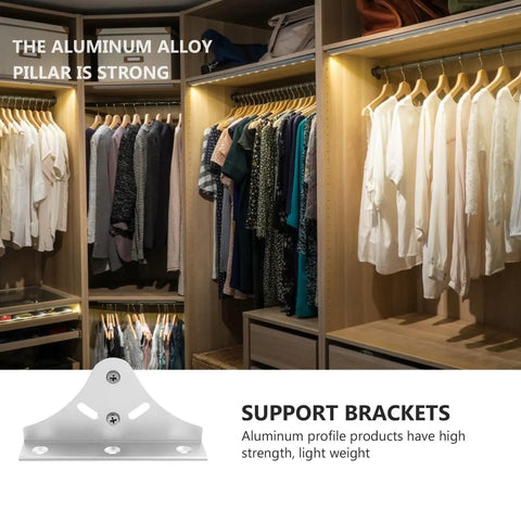 Heavy Duty Aluminum Alloy Shelf Brackets With Adjustable Mounting Clips For Floating Shelves in Silver displayed in closet