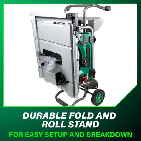 Folded stand for Beast Mode 10 Inch Table Saw With 15 Amp Motor For Precision Cuts, showcasing portability and durability
