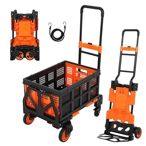 2-In-1 Folding Hand Truck Dolly With 330 Lb Capacity, Convert From Two-Wheel Dolly To Four-Wheel Flatbed Cart In Seconds, Heavy-Duty Steel Frame, Folds Flat For Easy Storage And Fast Jobsite Hauls shown folded and in cart mode