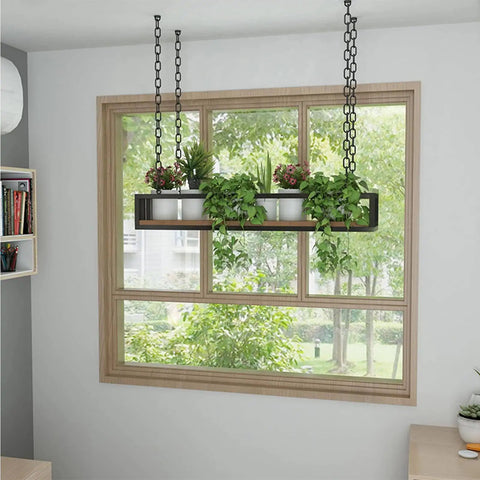 Dope Industrial Wood And Iron Hanging Shelf Rack For Kitchen Plants Overhead Ceiling Storage Plant Stand With Railing