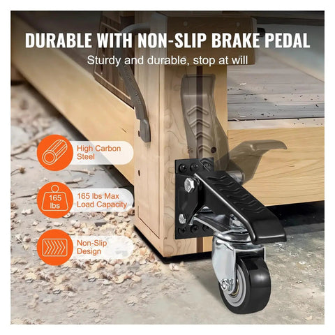 Badass Heavy Duty Retractable Workbench Casters Set Of Four featuring 165 lbs capacity and non-slip brake pedal design.