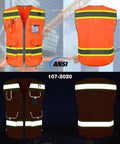 Workhorse High Visibility Safety Vest For Men Featuring Nine Deep Utility Pockets Crisscross Reflective Tape To Stay Seen On Night Shifts Or Daytime Jobsites In Blaze Orange, front and back view, ANSI reflective tape.
