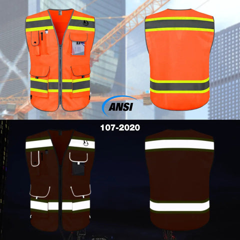 Workhorse High Visibility Safety Vest For Men Featuring Nine Deep Utility Pockets Crisscross Reflective Tape To Stay Seen On Night Shifts Or Daytime Jobsites In Blaze Orange, front and back view, ANSI reflective tape.