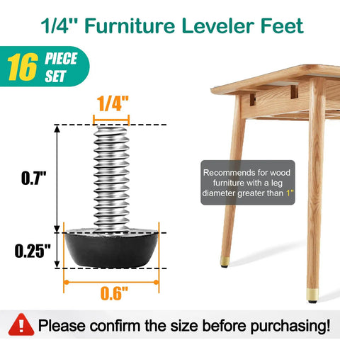 1/4-20 UNC Thread Adjustable Furniture Levelers And Table Feet with dimensions next to a wooden table leg