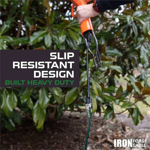 12 Gauge Outdoor Extension Cord 25 Ft Built Tough Heavy Duty 3 Prong SJTOW Oil Resistant Vinyl in use outdoors