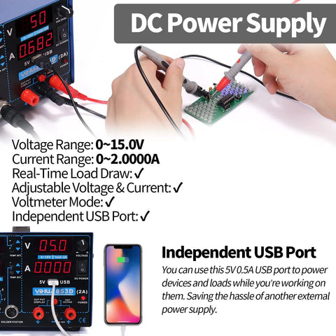 Close-up of Three In One SMD Soldering Iron Station With Hot Air Rework DC Power Supply With Volt Meter showing voltage display and USB port.