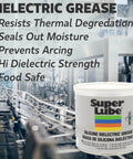 Container of Super Lube silicone dielectric grease in industrial setting with text highlighting its features like moisture sealing and dielectric strength.