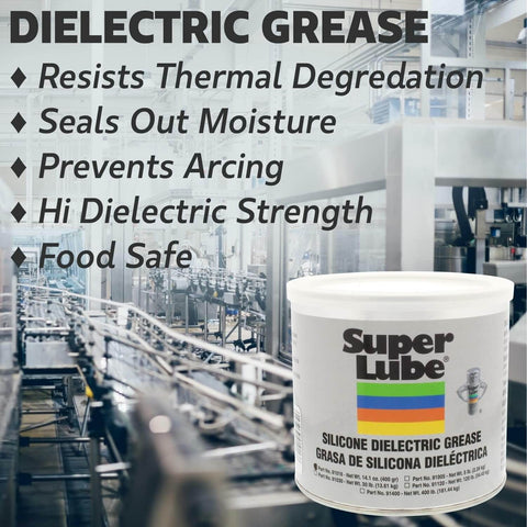 Container of Super Lube silicone dielectric grease in industrial setting with text highlighting its features like moisture sealing and dielectric strength.