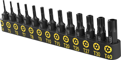 Tamper Resistant Torx Bit Set 13 Piece T4 Through T40 S2 Alloy Steel Impact Grade Security Bits With One Quarter Inch Hex Shank
