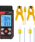 Go-To Dual Channel Digital K Type Thermocouple Thermometer With 2 HVAC Clamps And 2 Probes, Wide -328 To 2500 F Range, LED Backlight, Adjustable Compensation, Handy HVAC Lab Tool For Quick Readouts, front view with clamps and probes