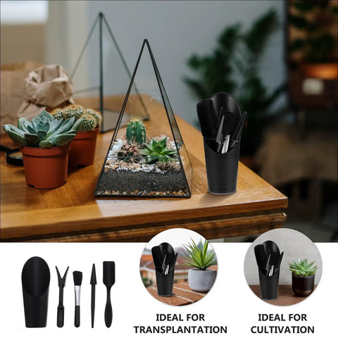 5 Piece Succulent Plant Tools Set For Transplanting And Planting, Mini Garden Hand Tools, Black Gardening Kit For Indoor Succulent Care And Bonsai Maintenance, Lightweight And Easy To Carry, 5-piece black plastic tools in holder