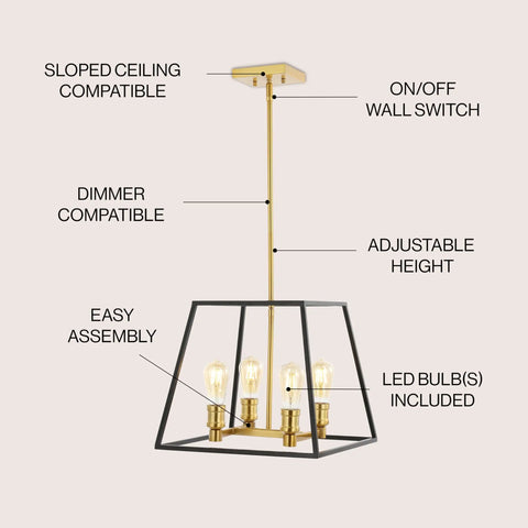 Black And Brass Farmhouse Industrial 4 Light LED Pendant For Kitchen Island And Dining Room, Slick Modern Cage Lantern