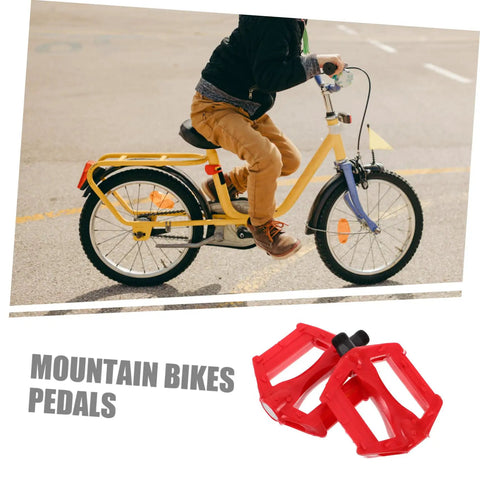Child riding bike with 2 Pack Mountain Bike Pedals For Kids And Adults, comfy, grippy, stable bike pedals shown in red.