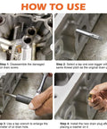 Luney oil pan drain plug repair kit four-panel collage: damaged screw, thread tap, enlarged hole, installed plug.