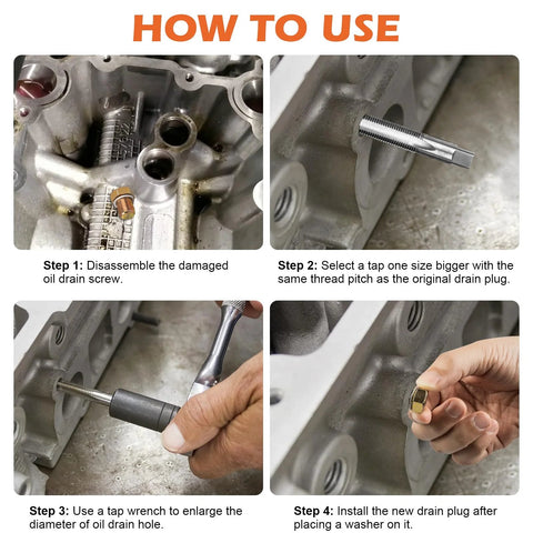 Luney oil pan drain plug repair kit four-panel collage: damaged screw, thread tap, enlarged hole, installed plug.