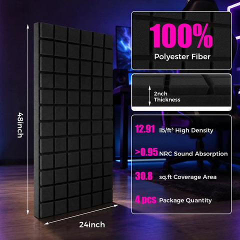 4 Pack Full Size 48X24 Acoustic Foam Panels Soundproof Wall Tiles Flame Retardant Dampener shown in a gaming setup, measuring 48x24 inches.