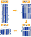 Instructional steps for folding Ultra Plush Micro Fleece Lounge Chair Towel Cover Set Of 2 with pockets, blue and white.