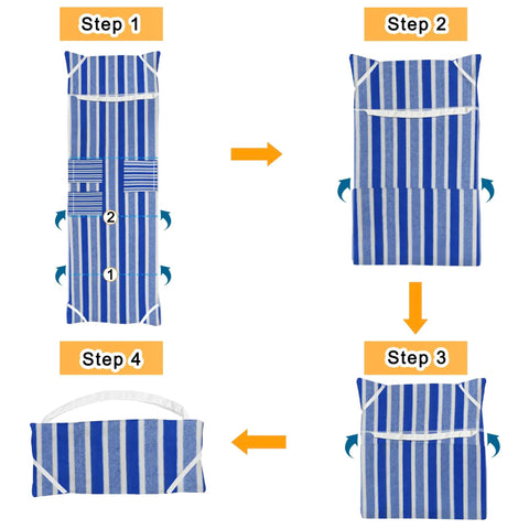 Instructional steps for folding Ultra Plush Micro Fleece Lounge Chair Towel Cover Set Of 2 with pockets, blue and white.