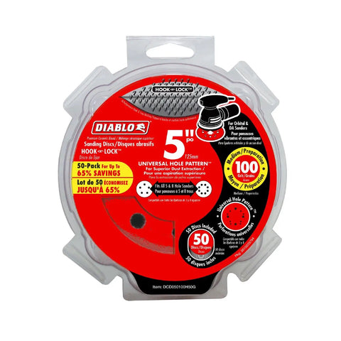 Packaging of Hook And Lock ROS Sanding Discs 5 Inch 100 Grit Medium Ceramic Blend For Wood Metal Plastics, 50 Pack.