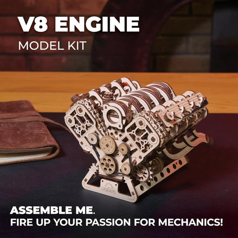 V8 Engine 3D Wooden Puzzle Kit For Adults Hands On 1 6 Scale With 8 Cylinders And 16 Valves Realistic Engine Model on table